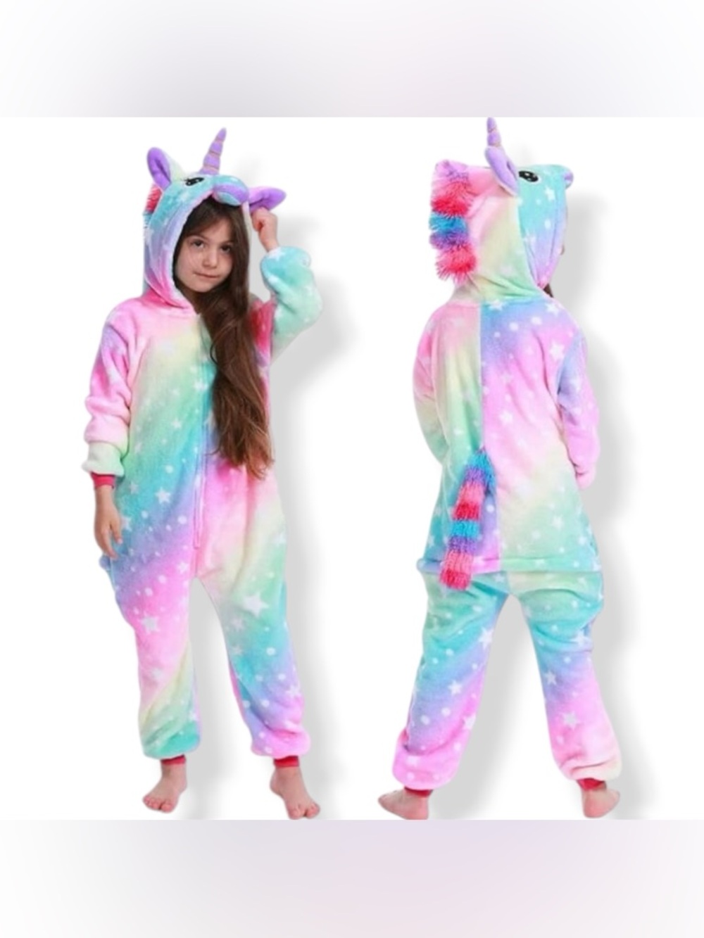 Girls Unicorn Hooded One Piece Pajama Costume – Size 7–8 (Rainbow Plush)
